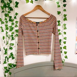Red, yellow, & blue striped off the shoulder top! Tight fitting